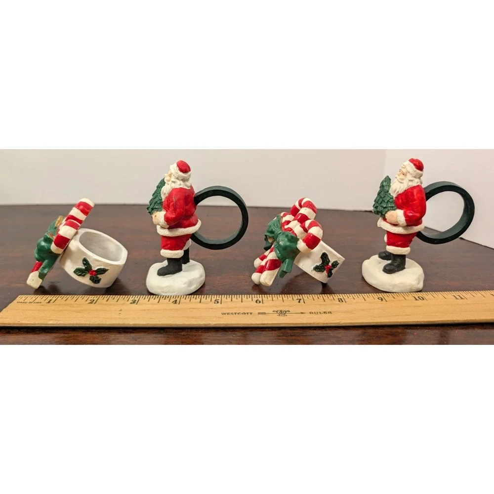 Vintage Santa Christmas Napkin Rings Set 4 Candy Cane Tree Holiday Table Decor